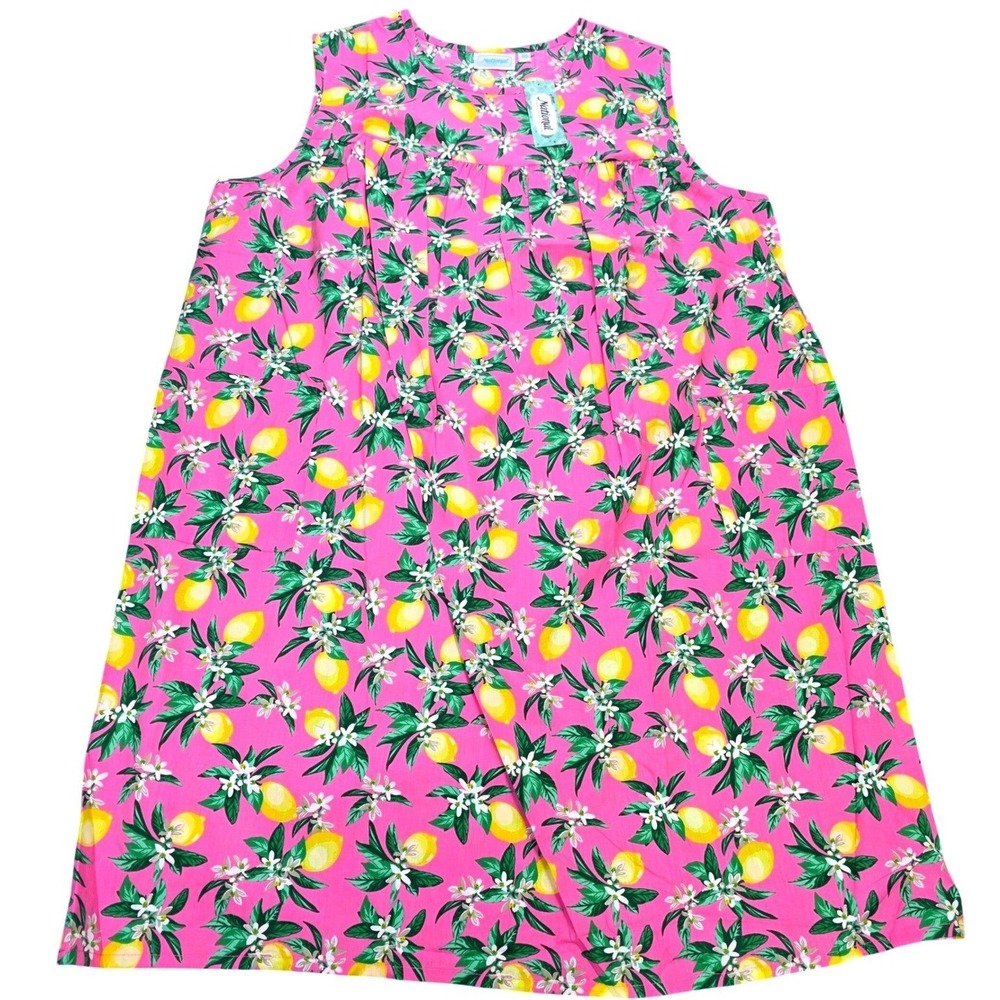 National Lemon‎ Print Nightgown Lounger Women's 2X Pink Pockets Sleeveless New